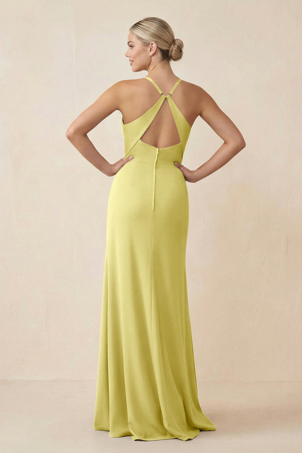 Cami Strap Sheath Ruched Bridesmaid Dress With Slit in Buttercup - SHE IS ME Bridesmaid Dresses