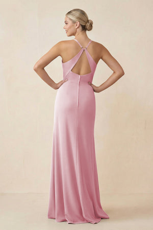 Cami Strap Sheath Ruched Bridesmaid Dress With Slit in Candy Pink - SHE IS ME Bridesmaid Dresses