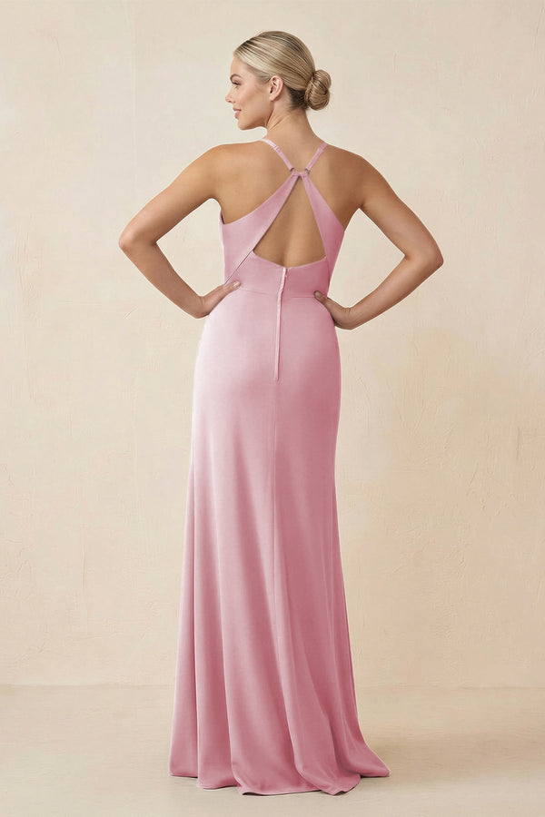 Cami Strap Sheath Ruched Bridesmaid Dress With Slit in Candy Pink - SHE IS ME Bridesmaid Dresses