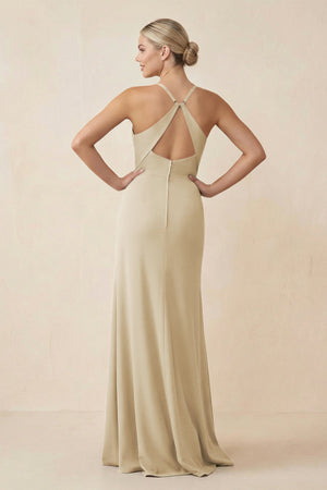 Cami Strap Sheath Ruched Bridesmaid Dress With Slit in Champagne - SHE IS ME Bridesmaid Dresses