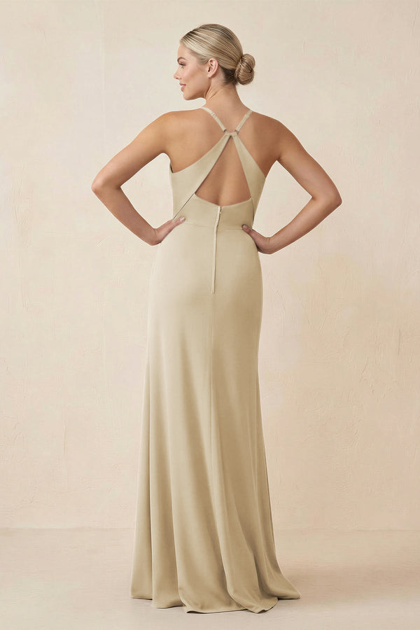 Cami Strap Sheath Ruched Bridesmaid Dress With Slit in Champagne - SHE IS ME Bridesmaid Dresses