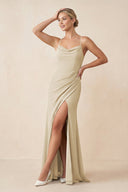 Cami Strap Sheath Ruched Bridesmaid Dress With Slit in Champagne - SHE IS ME Bridesmaid Dresses