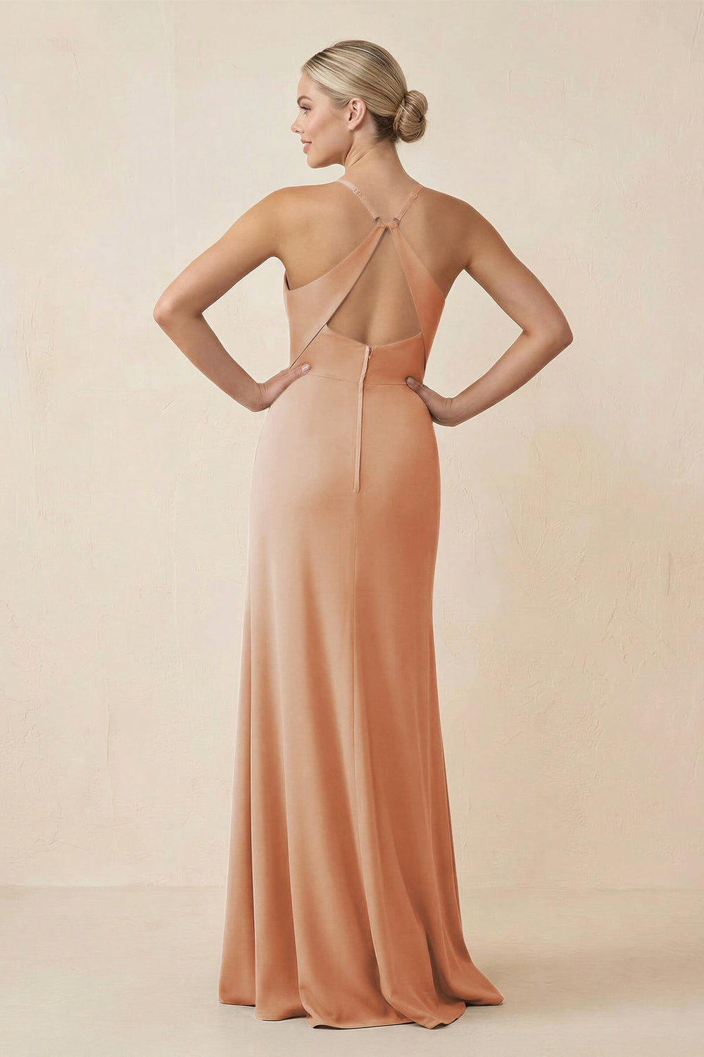 Cami Strap Sheath Ruched Bridesmaid Dress With Slit in Champagne Rose - KISS BRIDAL Bridesmaid Dresses