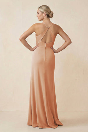 Cami Strap Sheath Ruched Bridesmaid Dress With Slit in Champagne Rose - SHE IS ME Bridesmaid Dresses