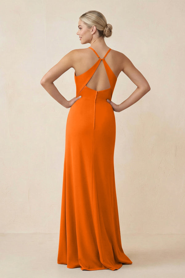 Cami Strap Sheath Ruched Bridesmaid Dress With Slit in Cinnamon - SHE IS ME Bridesmaid Dresses