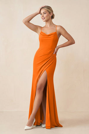 Cami Strap Sheath Ruched Bridesmaid Dress With Slit in Cinnamon - SHE IS ME Bridesmaid Dresses