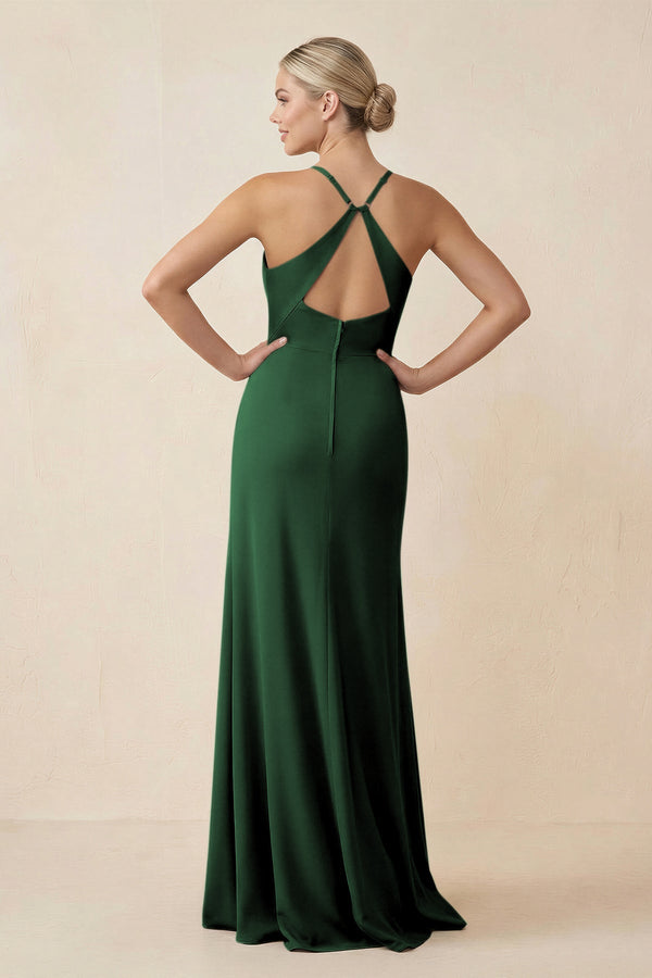 Cami Strap Sheath Ruched Bridesmaid Dress With Slit in Dark Green - SHE IS ME Bridesmaid Dresses