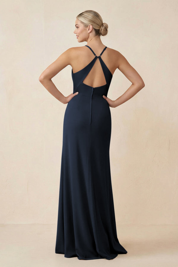 Cami Strap Sheath Ruched Bridesmaid Dress With Slit in Dark Navy - SHE IS ME Bridesmaid Dresses