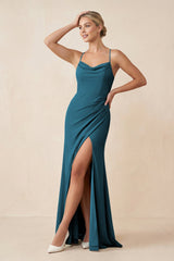 Cami Strap Sheath Ruched Bridesmaid Dress With Slit in Dark Teal - KISS BRIDAL Bridesmaid Dresses