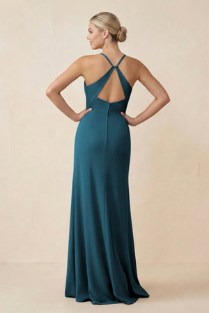 Cami Strap Sheath Ruched Bridesmaid Dress With Slit in Dark Teal - SHE IS ME Bridesmaid Dresses