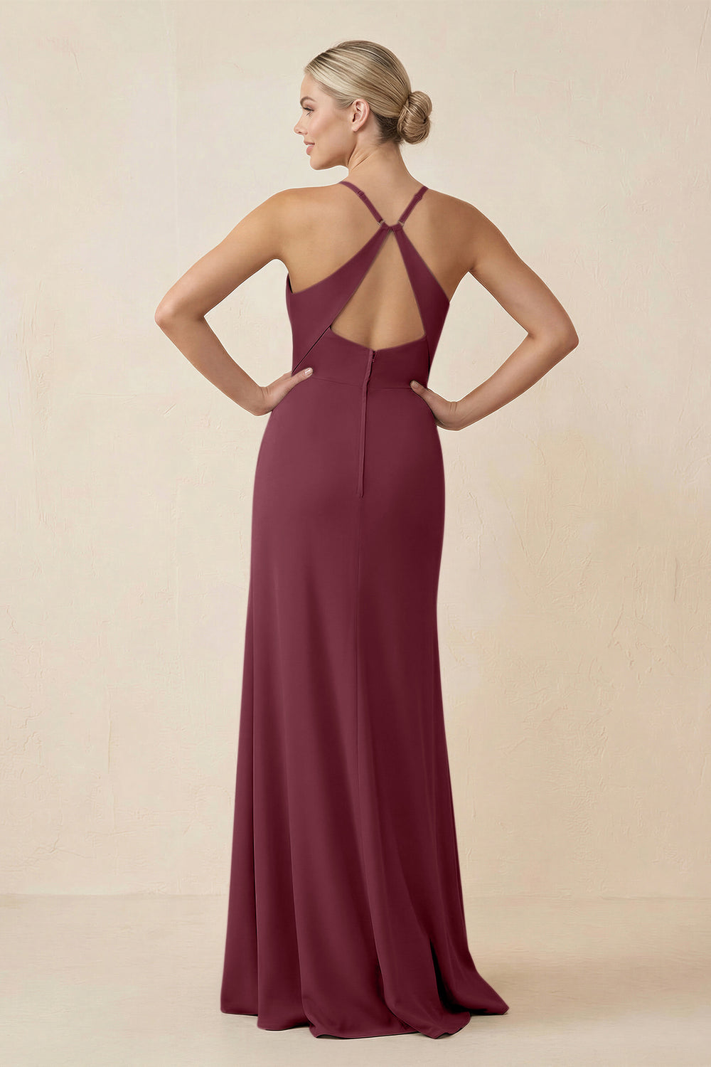 Cami Strap Sheath Ruched Bridesmaid Dress With Slit in Desert Rose