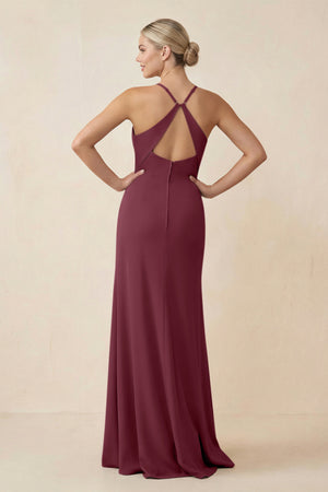 Cami Strap Sheath Ruched Bridesmaid Dress With Slit in Desert Rose (2) | KISSBRIDAL