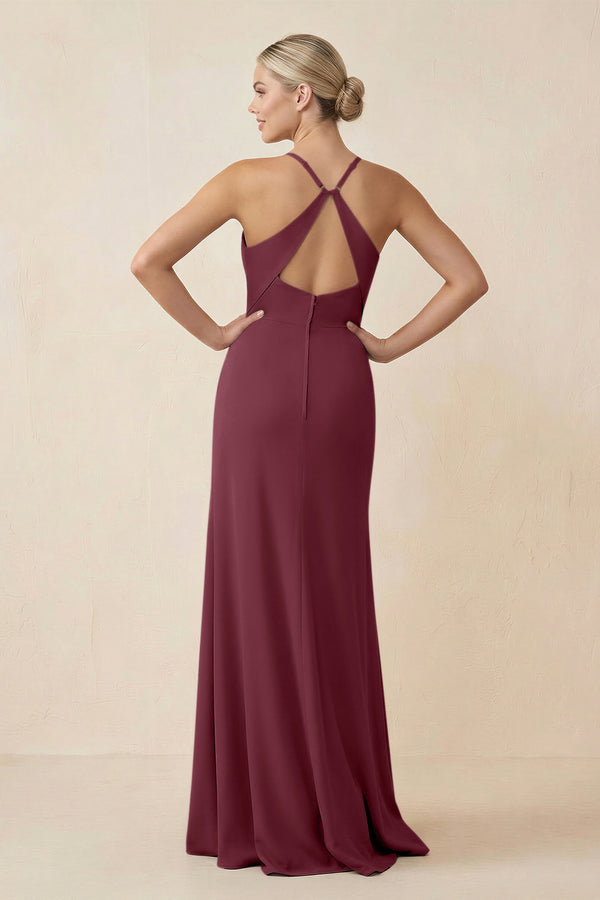 Cami Strap Sheath Ruched Bridesmaid Dress With Slit in Desert Rose (2) | KISSBRIDAL