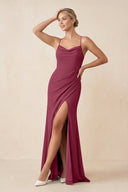 Cami Strap Sheath Ruched Bridesmaid Dress With Slit in Desert Rose - SHE IS ME Bridesmaid Dresses