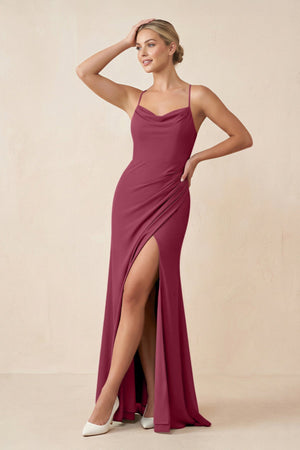 Cami Strap Sheath Ruched Bridesmaid Dress With Slit in Desert Rose - SHE IS ME Bridesmaid Dresses