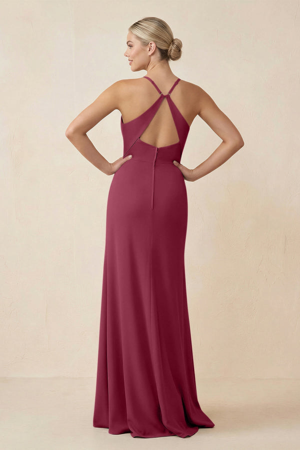 Cami Strap Sheath Ruched Bridesmaid Dress With Slit in Desert Rose - SHE IS ME Bridesmaid Dresses