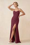 Cami Strap Sheath Ruched Bridesmaid Dress With Slit in Desert Rose | KISSBRIDAL