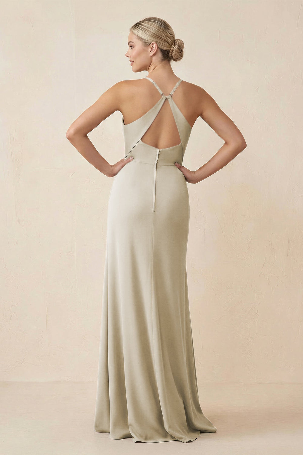 Cami Strap Sheath Ruched Bridesmaid Dress With Slit in Dove Gray - KISS BRIDAL Bridesmaid Dresses