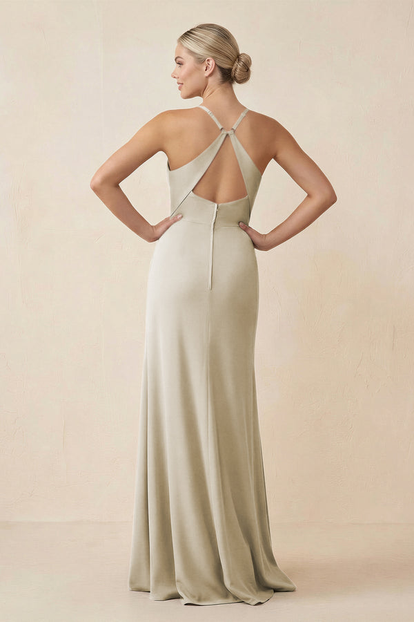 Cami Strap Sheath Ruched Bridesmaid Dress With Slit in Dove Gray - SHE IS ME Bridesmaid Dresses