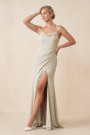 Cami Strap Sheath Ruched Bridesmaid Dress With Slit in Dove Gray - SHE IS ME Bridesmaid Dresses