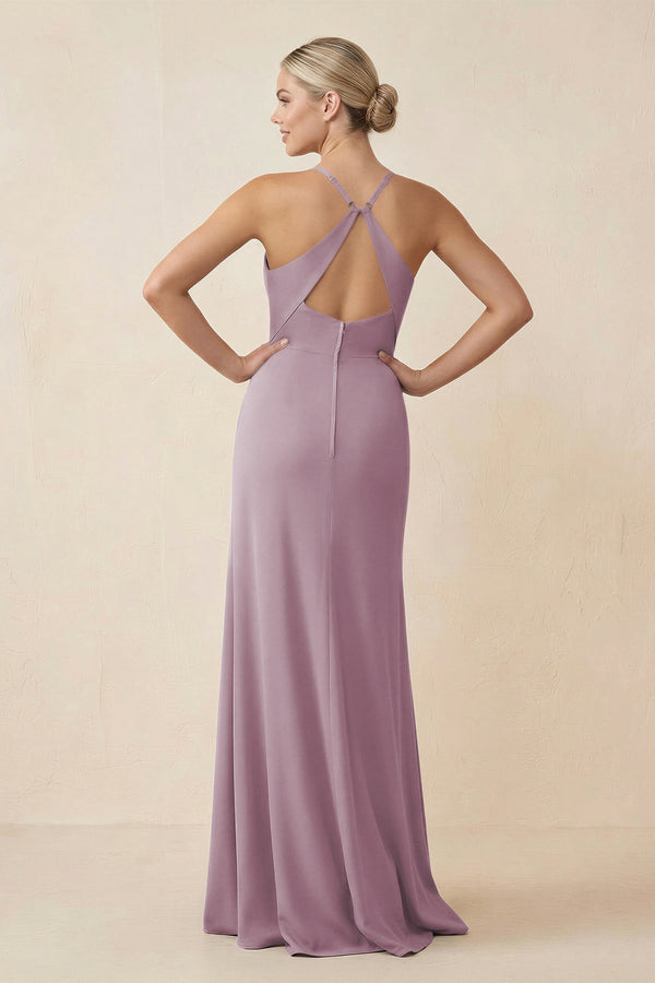Cami Strap Sheath Ruched Bridesmaid Dress With Slit in Dusk - SHE IS ME Bridesmaid Dresses