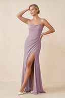 Cami Strap Sheath Ruched Bridesmaid Dress With Slit in Dusk - SHE IS ME Bridesmaid Dresses