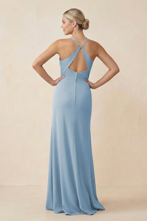 Cami Strap Sheath Ruched Bridesmaid Dress With Slit in Dusty Blue - SHE IS ME Bridesmaid Dresses