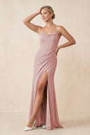 Cami Strap Sheath Ruched Bridesmaid Dress With Slit in Dusty Rose - SHE IS ME Bridesmaid Dresses