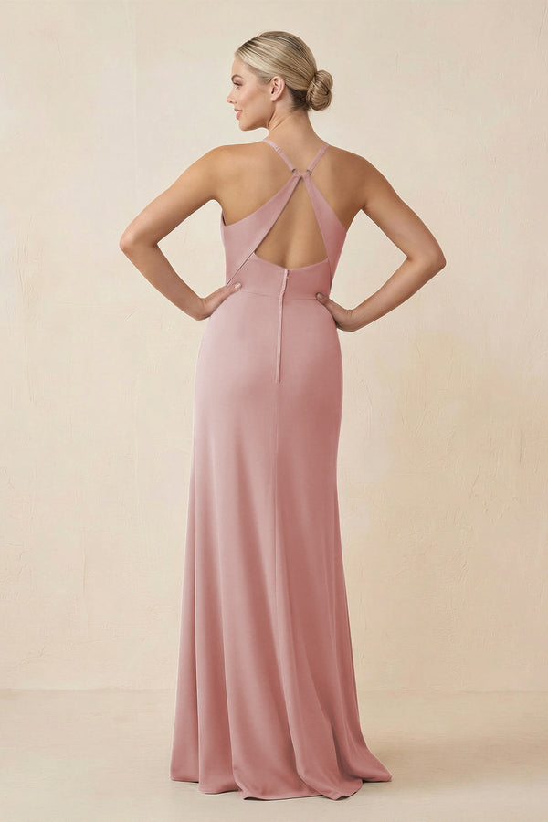 Cami Strap Sheath Ruched Bridesmaid Dress With Slit in Dusty Rose - SHE IS ME Bridesmaid Dresses