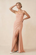 Cami Strap Sheath Ruched Bridesmaid Dress With Slit in English Rose - SHE IS ME Bridesmaid Dresses