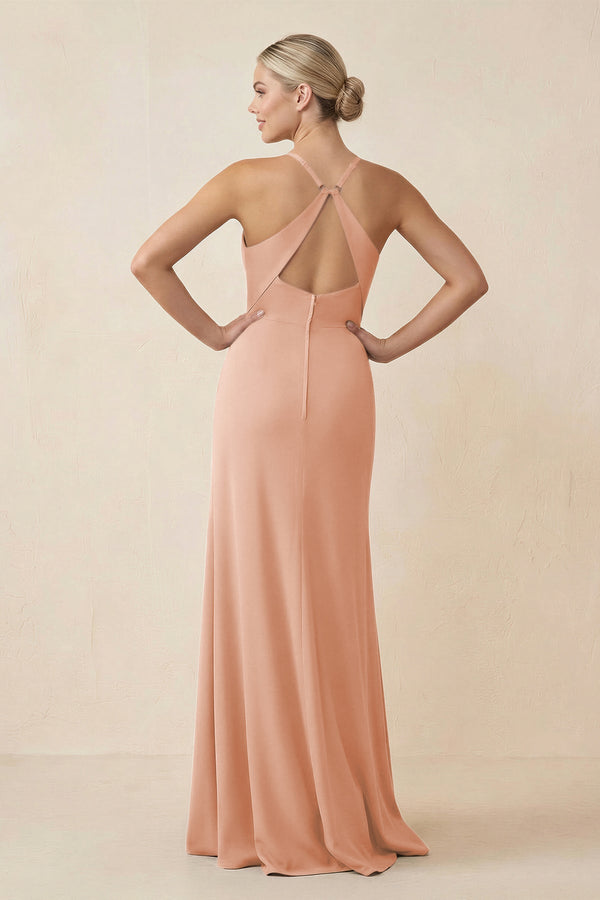 Cami Strap Sheath Ruched Bridesmaid Dress With Slit in English Rose - SHE IS ME Bridesmaid Dresses