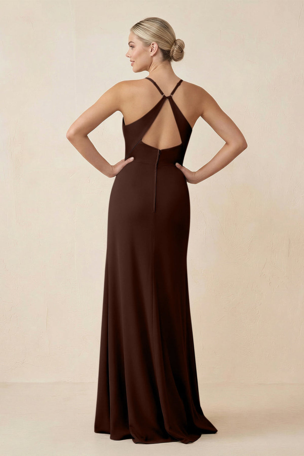 Cami Strap Sheath Ruched Bridesmaid Dress With Slit in Espresso - KISS BRIDAL Bridesmaid Dresses
