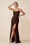 Cami Strap Sheath Ruched Bridesmaid Dress With Slit in Espresso - SHE IS ME Bridesmaid Dresses