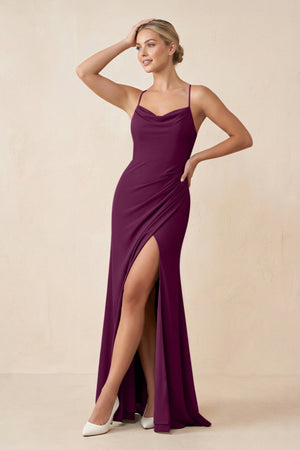 Cami Strap Sheath Ruched Bridesmaid Dress With Slit in Fig - SHE IS ME Bridesmaid Dresses