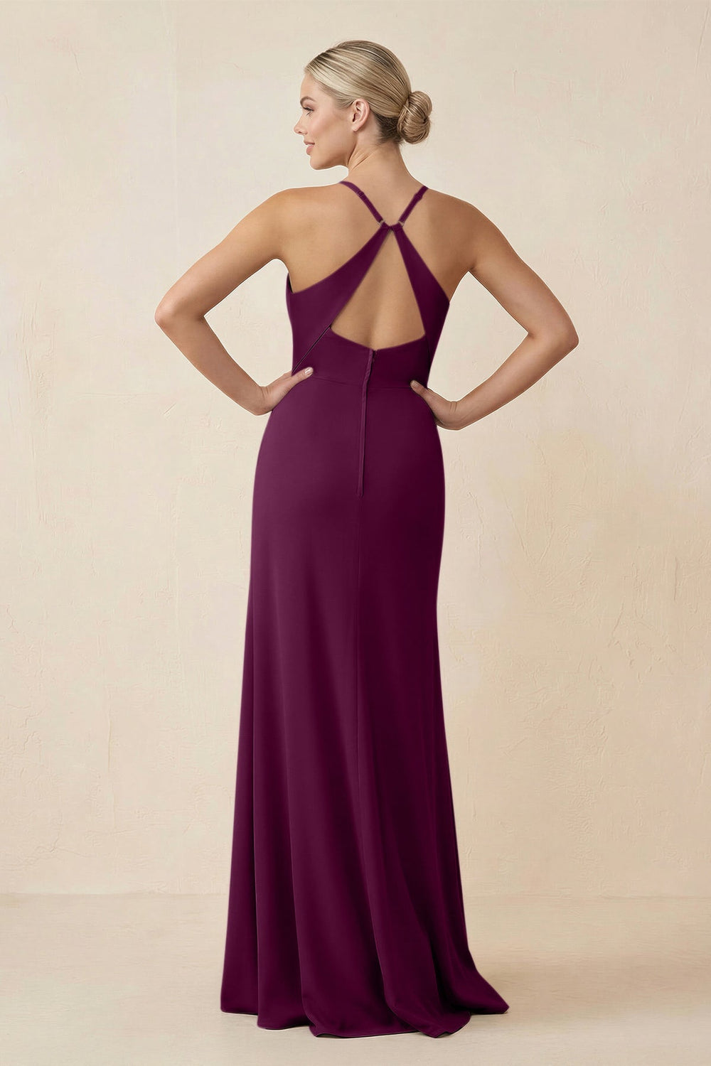 Cami Strap Sheath Ruched Bridesmaid Dress With Slit in Fig - KISS BRIDAL Bridesmaid Dresses