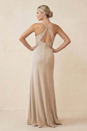 Cami Strap Sheath Ruched Bridesmaid Dress With Slit in Frost - SHE IS ME Bridesmaid Dresses