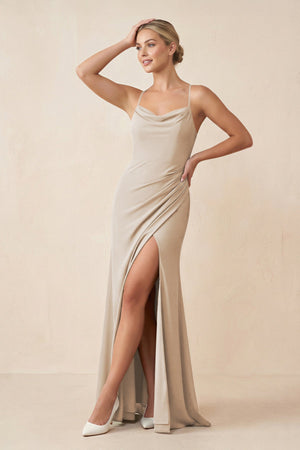 Cami Strap Sheath Ruched Bridesmaid Dress With Slit in Frost - SHE IS ME Bridesmaid Dresses