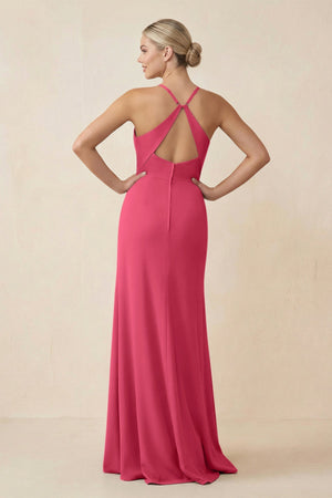 Cami Strap Sheath Ruched Bridesmaid Dress With Slit in Fuchsia - SHE IS ME Bridesmaid Dresses
