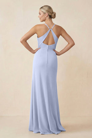 Cami Strap Sheath Ruched Bridesmaid Dress With Slit in Ice - SHE IS ME Bridesmaid Dresses