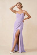 Cami Strap Sheath Ruched Bridesmaid Dress With Slit in Lavender - SHE IS ME Bridesmaid Dresses