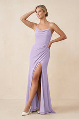 Cami Strap Sheath Ruched Bridesmaid Dress With Slit in Lavender - KISS BRIDAL Bridesmaid Dresses