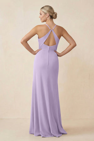 Cami Strap Sheath Ruched Bridesmaid Dress With Slit in Lavender - SHE IS ME Bridesmaid Dresses