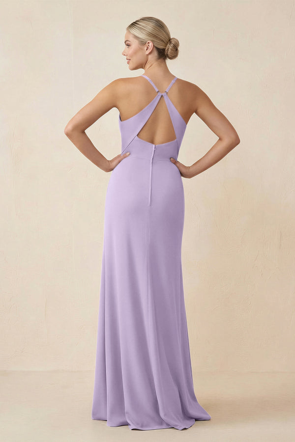 Cami Strap Sheath Ruched Bridesmaid Dress With Slit in Lavender - SHE IS ME Bridesmaid Dresses