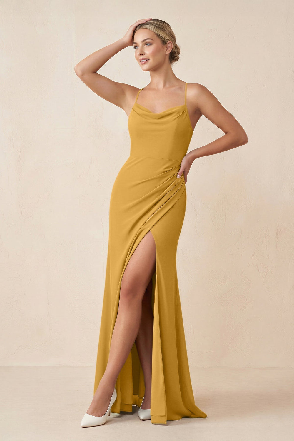 Cami Strap Sheath Ruched Bridesmaid Dress With Slit in Marigold - KISS BRIDAL Bridesmaid Dresses