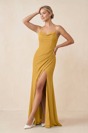 Cami Strap Sheath Ruched Bridesmaid Dress With Slit in Marigold - SHE IS ME Bridesmaid Dresses