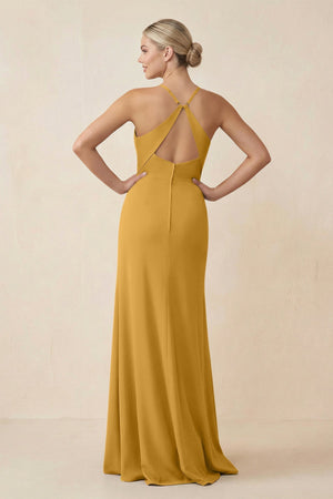 Cami Strap Sheath Ruched Bridesmaid Dress With Slit in Marigold - SHE IS ME Bridesmaid Dresses