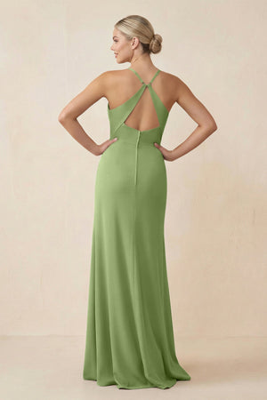 Cami Strap Sheath Ruched Bridesmaid Dress With Slit in Matcha - SHE IS ME Bridesmaid Dresses