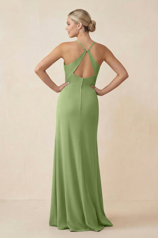 Cami Strap Sheath Ruched Bridesmaid Dress With Slit in Matcha - SHE IS ME Bridesmaid Dresses