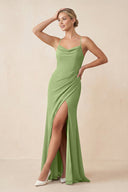 Cami Strap Sheath Ruched Bridesmaid Dress With Slit in Matcha - SHE IS ME Bridesmaid Dresses