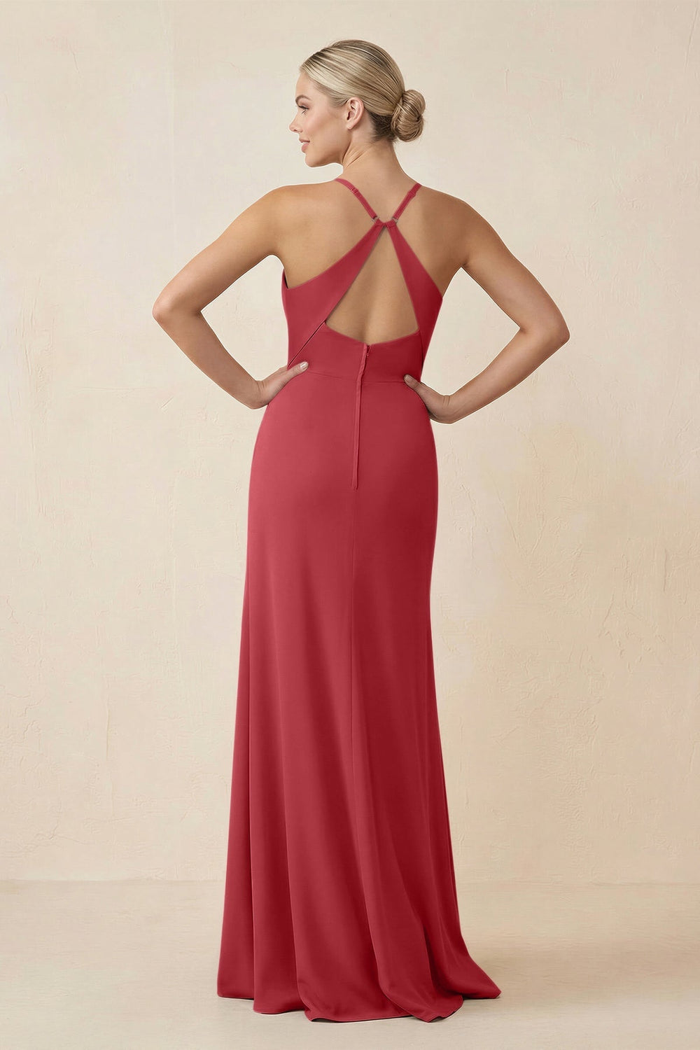 Cami Strap Sheath Ruched Bridesmaid Dress With Slit in Merlot - KISS BRIDAL Bridesmaid Dresses